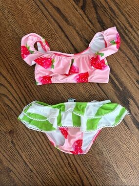 Girls Pink Strawberry Ruffle Bikini Set